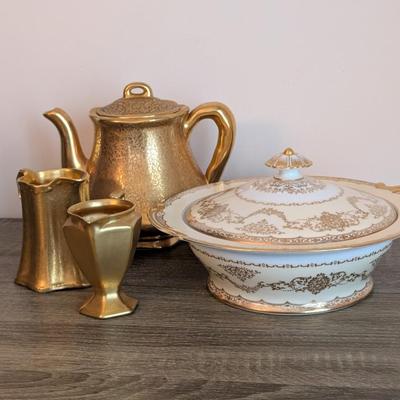 LOT 98K: Vintage Wheeling Gold China Teapot With Pitchers & Noritake Serving Dish