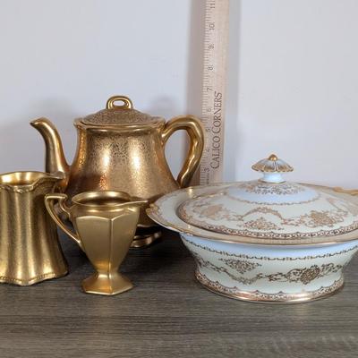 LOT 98K: Vintage Wheeling Gold China Teapot With Pitchers & Noritake Serving Dish