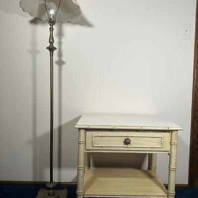 LOT 121A: Thomasville Allegro Faux Bamboo Nightstand & Brass Floor Lamp Circa 1960’s