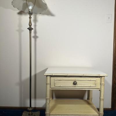 LOT 121A: Thomasville Allegro Faux Bamboo Nightstand & Brass Floor Lamp Circa 1960’s