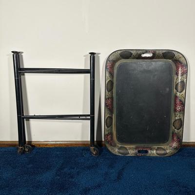 LOT 122A: Vintage Folding Toleware Tray Table w/ Wheels