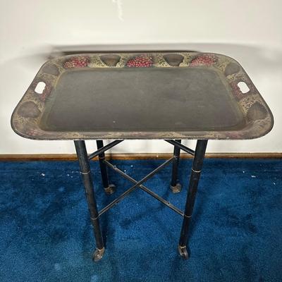 LOT 122A: Vintage Folding Toleware Tray Table w/ Wheels