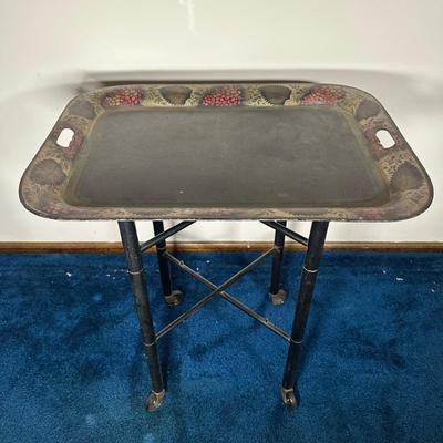 LOT 122A: Vintage Folding Toleware Tray Table w/ Wheels