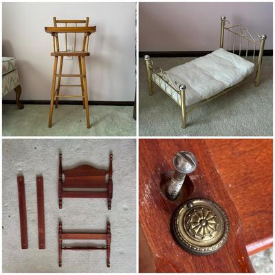 LOT 128L: Vintage MCM Doll High Chair, Brass American Girl Doll Bed & Children’s Bed Frame