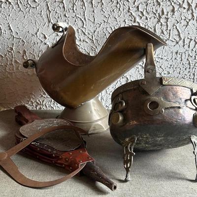 LOT 131F: Antique 19th Century Chinese Bronze Ornate Cauldron Pot Planter w/ Tripod Base, Vintage Copper Coal Bucket & Fireplace Bellows