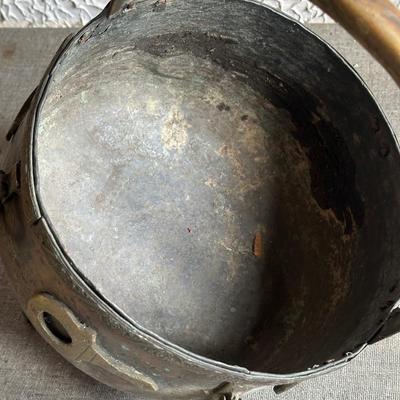 LOT 131F: Antique 19th Century Chinese Bronze Ornate Cauldron Pot Planter w/ Tripod Base, Vintage Copper Coal Bucket & Fireplace Bellows