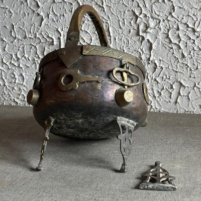 LOT 131F: Antique 19th Century Chinese Bronze Ornate Cauldron Pot Planter w/ Tripod Base, Vintage Copper Coal Bucket & Fireplace Bellows