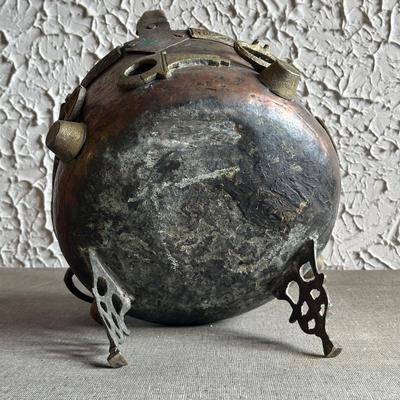 LOT 131F: Antique 19th Century Chinese Bronze Ornate Cauldron Pot Planter w/ Tripod Base, Vintage Copper Coal Bucket & Fireplace Bellows