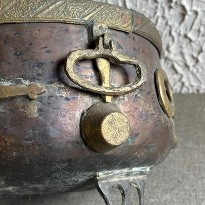 LOT 131F: Antique 19th Century Chinese Bronze Ornate Cauldron Pot Planter w/ Tripod Base, Vintage Copper Coal Bucket & Fireplace Bellows