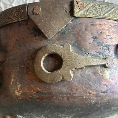 LOT 131F: Antique 19th Century Chinese Bronze Ornate Cauldron Pot Planter w/ Tripod Base, Vintage Copper Coal Bucket & Fireplace Bellows