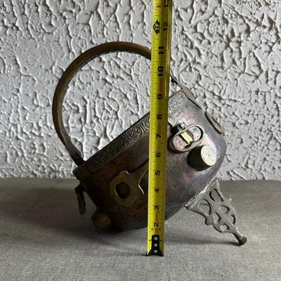 LOT 131F: Antique 19th Century Chinese Bronze Ornate Cauldron Pot Planter w/ Tripod Base, Vintage Copper Coal Bucket & Fireplace Bellows