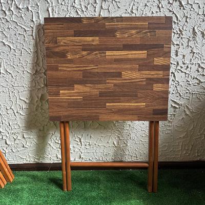 LOT 137F: 4 Mid Century Modern Scheibe Folding Stackable TV Tray Tables w/ Stand