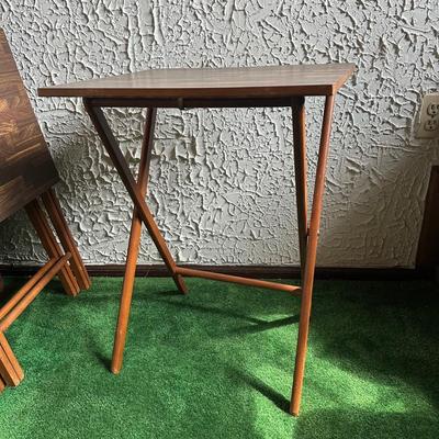 LOT 137F: 4 Mid Century Modern Scheibe Folding Stackable TV Tray Tables w/ Stand
