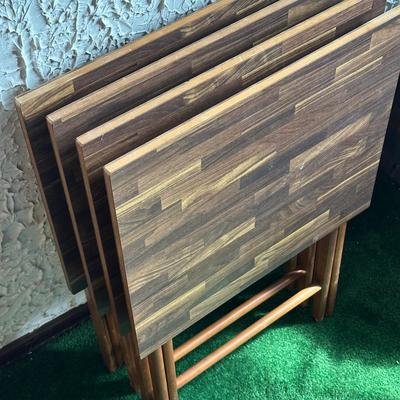 LOT 137F: 4 Mid Century Modern Scheibe Folding Stackable TV Tray Tables w/ Stand