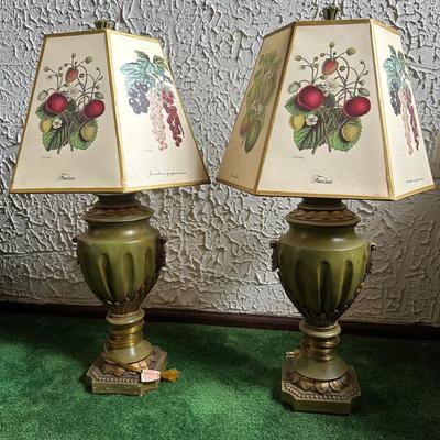 LOT 139F: Pair Of Beautiful Vintage Table Lamps w/ Vintage Decoupage Lithograph Lamp Shades