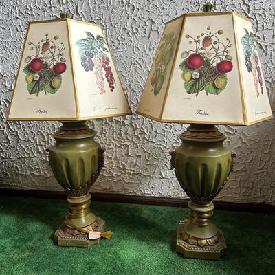 LOT 139F: Pair Of Beautiful Vintage Table Lamps w/ Vintage Decoupage Lithograph Lamp Shades