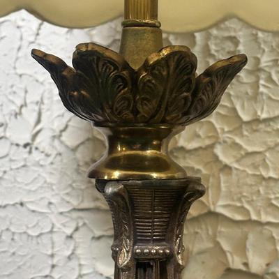 LOT 142F: Pair Of Stunning Vintage MCM Glass Brass & Marble Table Lamps with/ Shades