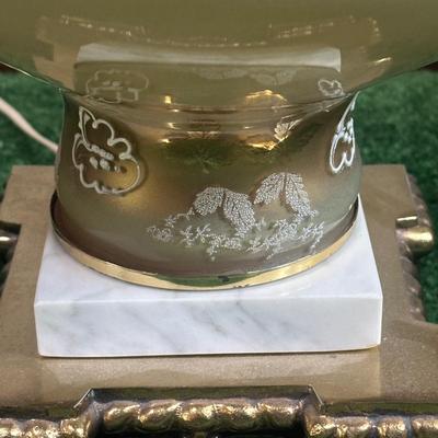 LOT 142F: Pair Of Stunning Vintage MCM Glass Brass & Marble Table Lamps with/ Shades