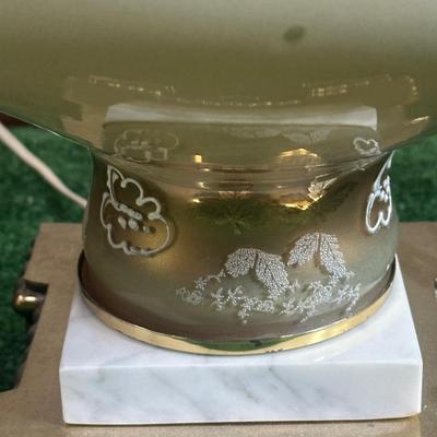 LOT 142F: Pair Of Stunning Vintage MCM Glass Brass & Marble Table Lamps with/ Shades