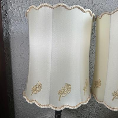 LOT 142F: Pair Of Stunning Vintage MCM Glass Brass & Marble Table Lamps with/ Shades