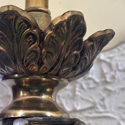 LOT 142F: Pair Of Stunning Vintage MCM Glass Brass & Marble Table Lamps with/ Shades