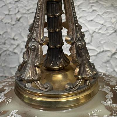 LOT 142F: Pair Of Stunning Vintage MCM Glass Brass & Marble Table Lamps with/ Shades