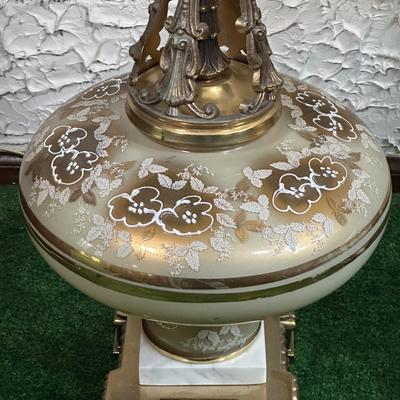 LOT 142F: Pair Of Stunning Vintage MCM Glass Brass & Marble Table Lamps with/ Shades