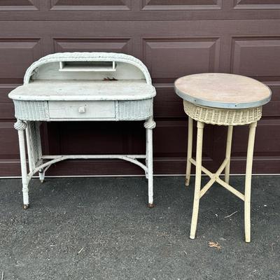 LOT 145G: Antique White Wicker Desk w/ Side Table