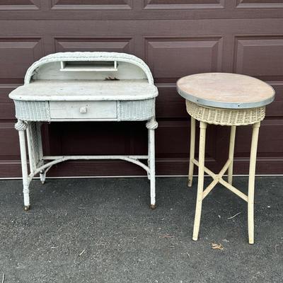 LOT 145G: Antique White Wicker Desk w/ Side Table