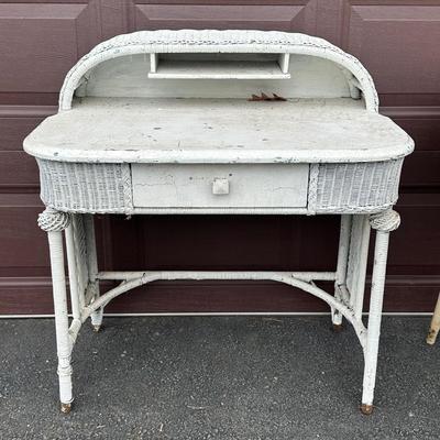 LOT 145G: Antique White Wicker Desk w/ Side Table