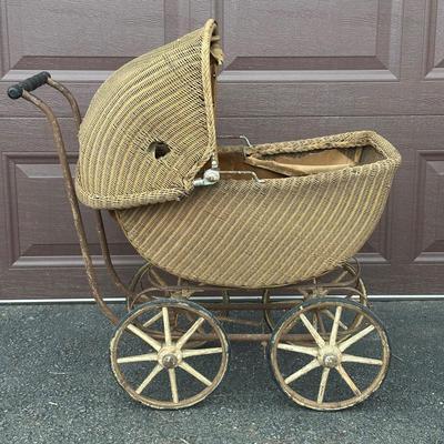 LOT 150G: Antique Victorian Wicker Baby Stroller/Buggy Circa Early 19th Century