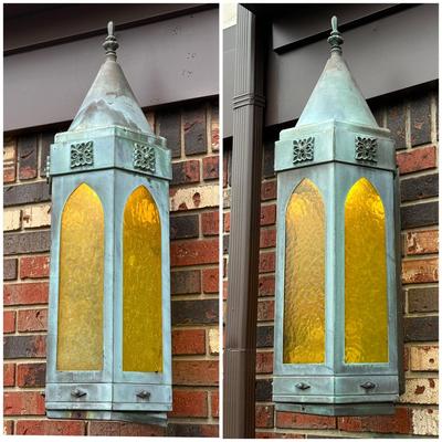 LOT 154O: Pair Antique Gothic Cathedral Castle Style Stained Glass Lantern Outdoor Sconces