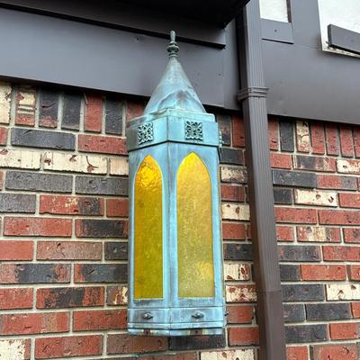LOT 154O: Pair Antique Gothic Cathedral Castle Style Stained Glass Lantern Outdoor Sconces