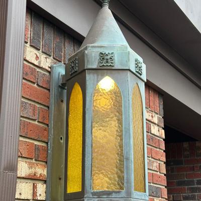 LOT 154O: Pair Antique Gothic Cathedral Castle Style Stained Glass Lantern Outdoor Sconces