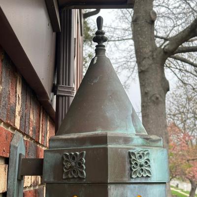 LOT 154O: Pair Antique Gothic Cathedral Castle Style Stained Glass Lantern Outdoor Sconces