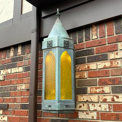 LOT 154O: Pair Antique Gothic Cathedral Castle Style Stained Glass Lantern Outdoor Sconces