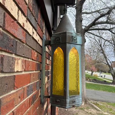 LOT 154O: Pair Antique Gothic Cathedral Castle Style Stained Glass Lantern Outdoor Sconces