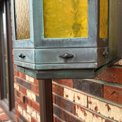 LOT 154O: Pair Antique Gothic Cathedral Castle Style Stained Glass Lantern Outdoor Sconces
