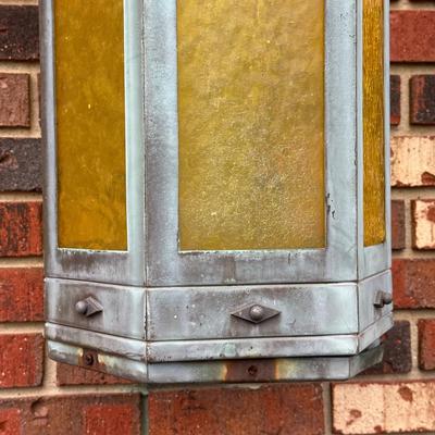 LOT 154O: Pair Antique Gothic Cathedral Castle Style Stained Glass Lantern Outdoor Sconces