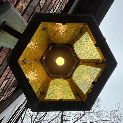 LOT 154O: Pair Antique Gothic Cathedral Castle Style Stained Glass Lantern Outdoor Sconces
