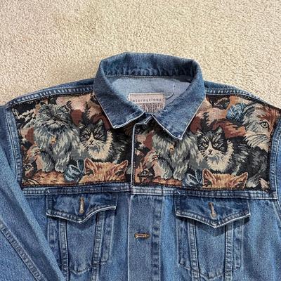LOT 156F: Vintage On Your Back Denim Cat Print Jacket w/ Matching Tote Bag