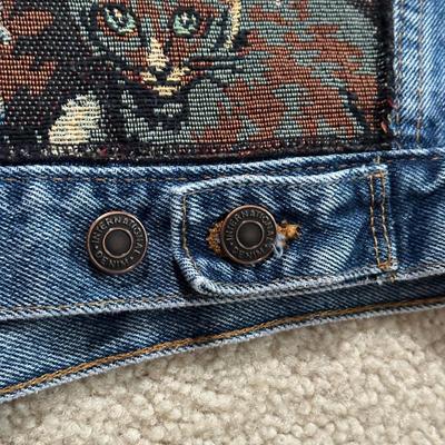 LOT 156F: Vintage On Your Back Denim Cat Print Jacket w/ Matching Tote Bag