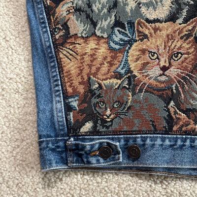 LOT 156F: Vintage On Your Back Denim Cat Print Jacket w/ Matching Tote Bag