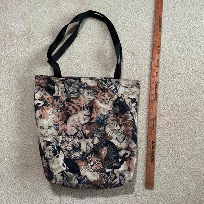 LOT 156F: Vintage On Your Back Denim Cat Print Jacket w/ Matching Tote Bag