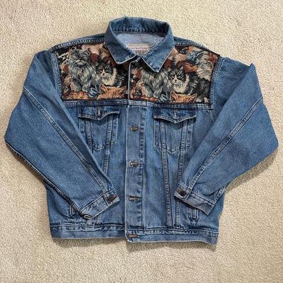 LOT 156F: Vintage On Your Back Denim Cat Print Jacket w/ Matching Tote Bag