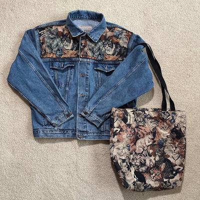LOT 156F: Vintage On Your Back Denim Cat Print Jacket w/ Matching Tote Bag