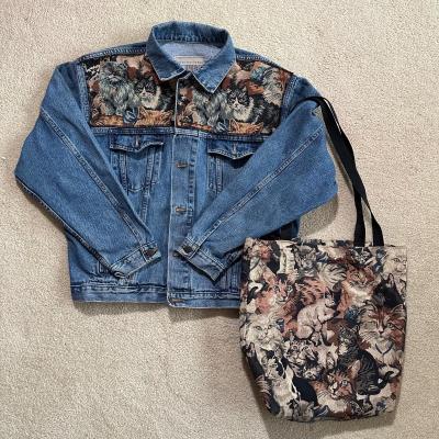 LOT 156F: Vintage On Your Back Denim Cat Print Jacket w/ Matching Tote Bag