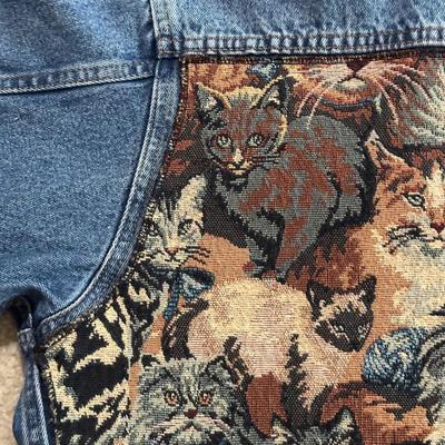 LOT 156F: Vintage On Your Back Denim Cat Print Jacket w/ Matching Tote Bag