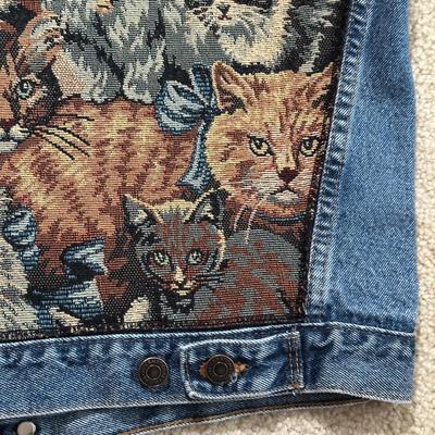 LOT 156F: Vintage On Your Back Denim Cat Print Jacket w/ Matching Tote Bag