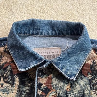 LOT 156F: Vintage On Your Back Denim Cat Print Jacket w/ Matching Tote Bag